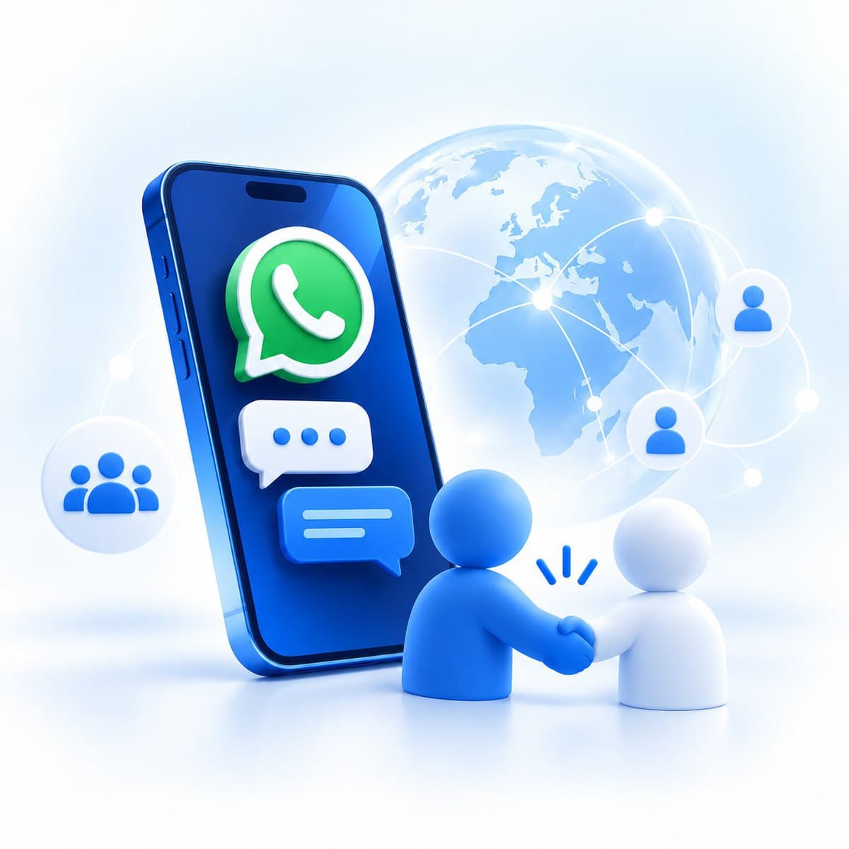 Ein Telefon mit dem WhatsApp-Zeichen und zwei Nachrichten, daneben ein Globus mit verbundenen Personensymbolen und zwei Figuren, die sich die Hand geben.