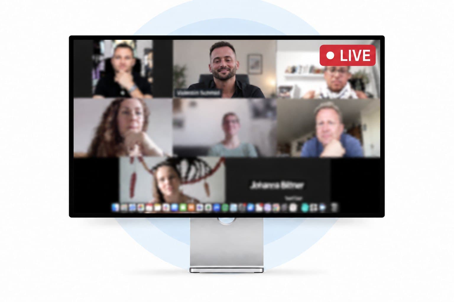 Ein laufender Zoom-Call der VS Academy auf einem Bildschirm: neun Teilnehmer in Kacheln, oben rechts die Aufnahmemarkierung „LIVE".
