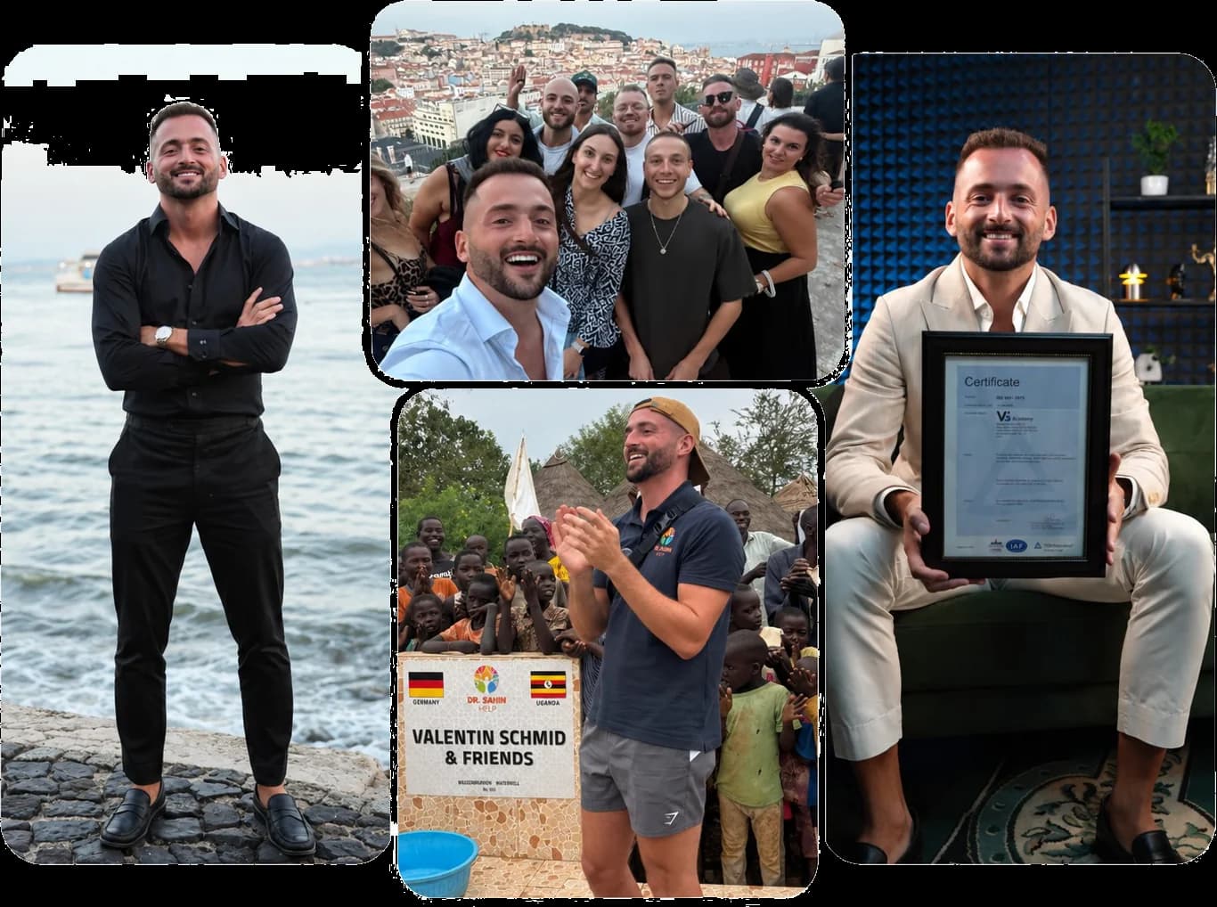 Vier Aufnahmen: Valentin Schmid an der Uferpromenade in Lissabon, mit rund zehn Teilnehmern bei einem Community-Event über den Dächern der Stadt, vor einem Wasserbrunnen in Uganda mit der Tafel „Valentin Schmid & Friends", und mit dem ISO-9001-Zertifikat von TÜV Rheinland.